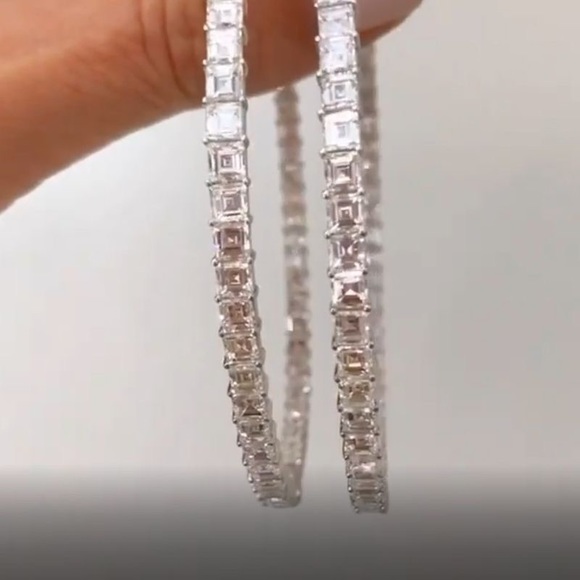 Classic Asscher Cut Hoop Earrings 925 Sterling Silver - Picture 3 of 4